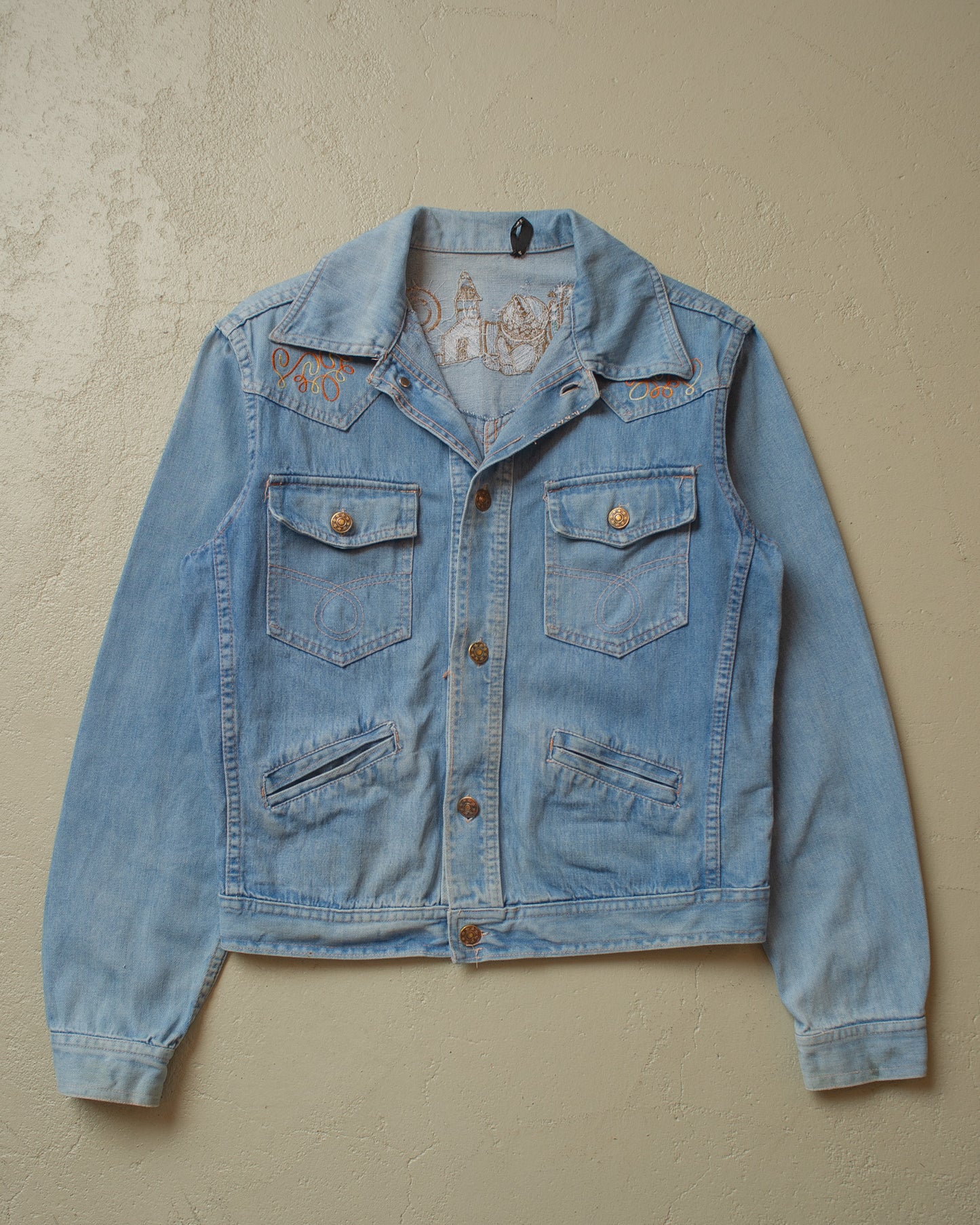1980s Womens Fade Out Embroidered Denim Jacket blue - M/L