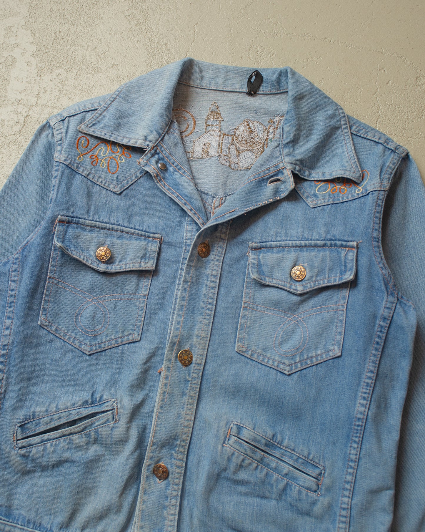 1980s Womens Fade Out Embroidered Denim Jacket blue - M/L