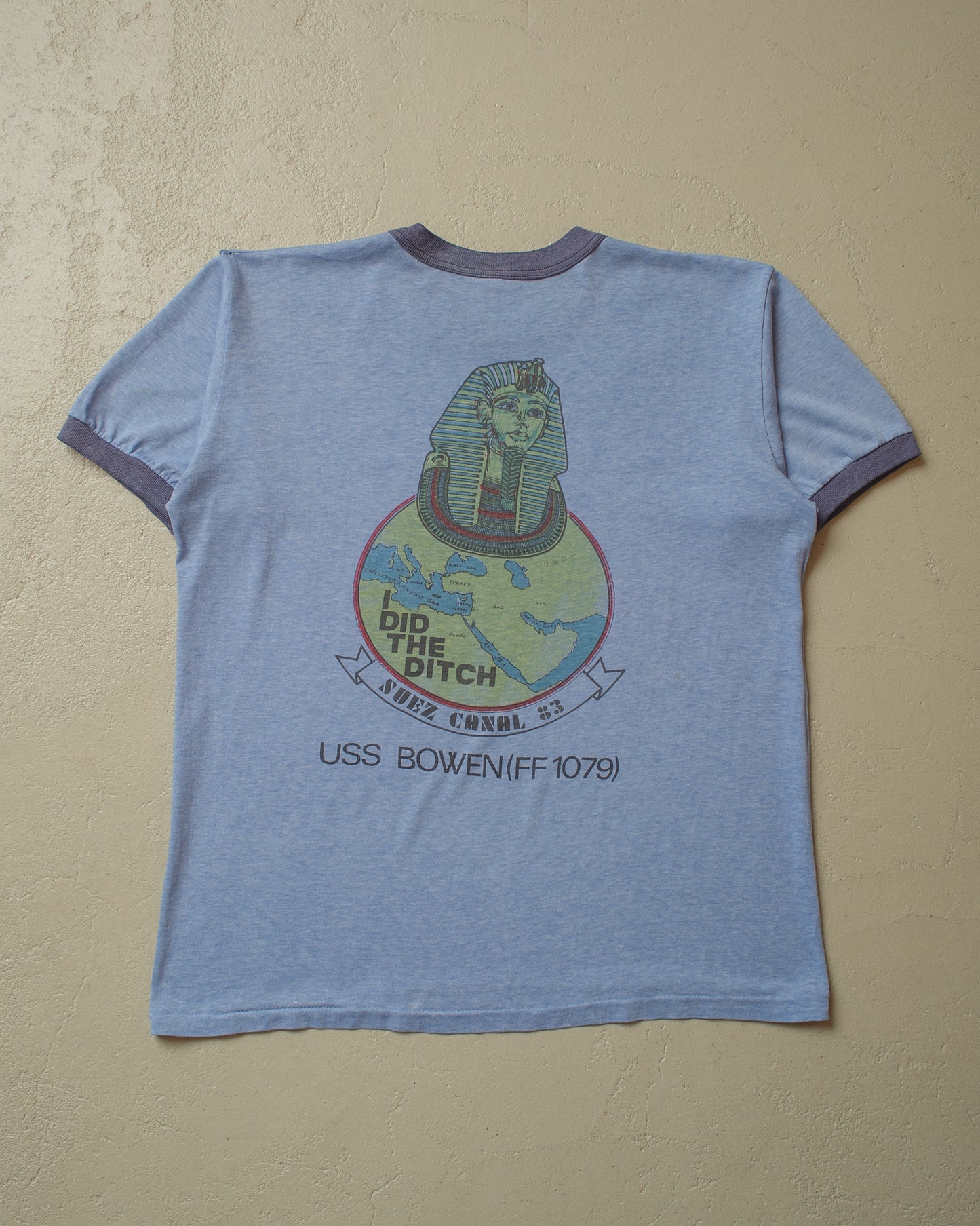 1983 USS Bowen Suez Canal Ringer T-shirt blue - M/L