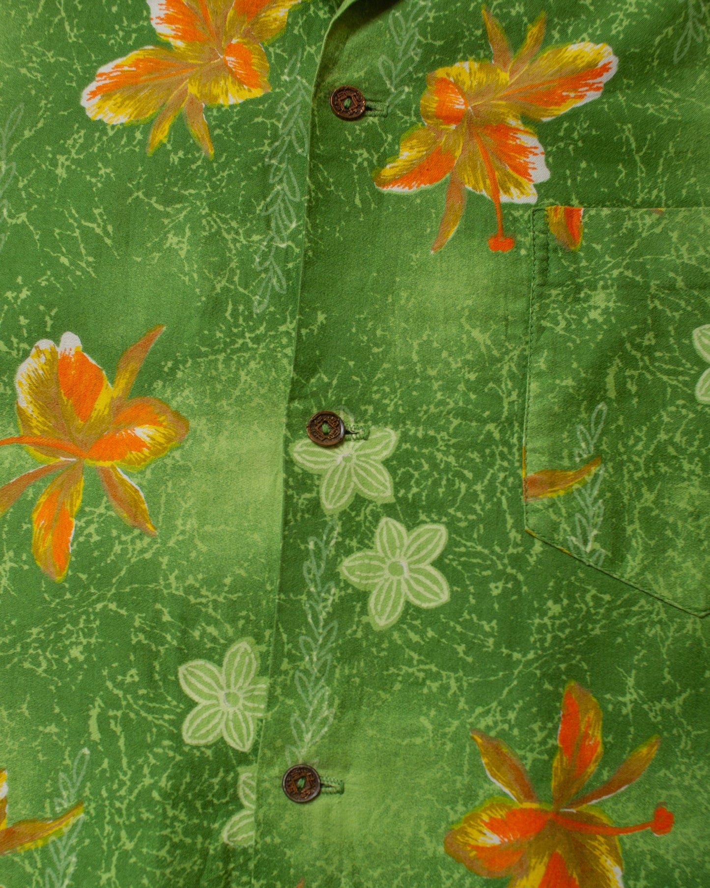 1950s Kaikamahine Leaf Pattern Loop Collar Hawaii Shirt green - M/L
