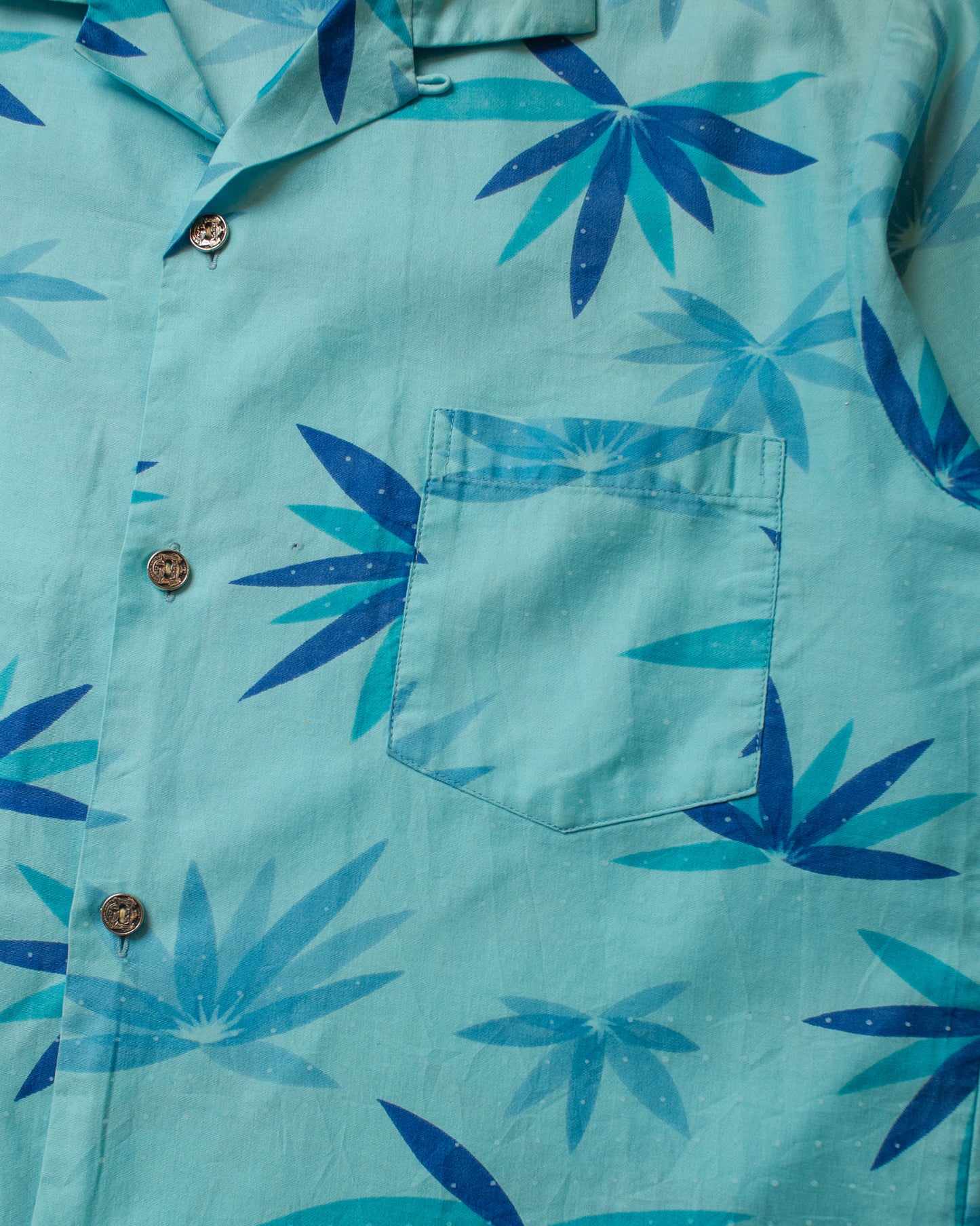 1950s/60s Pacific Sportswear Leaf Pattern Loop Collar Hawaii Shirt blue - M
