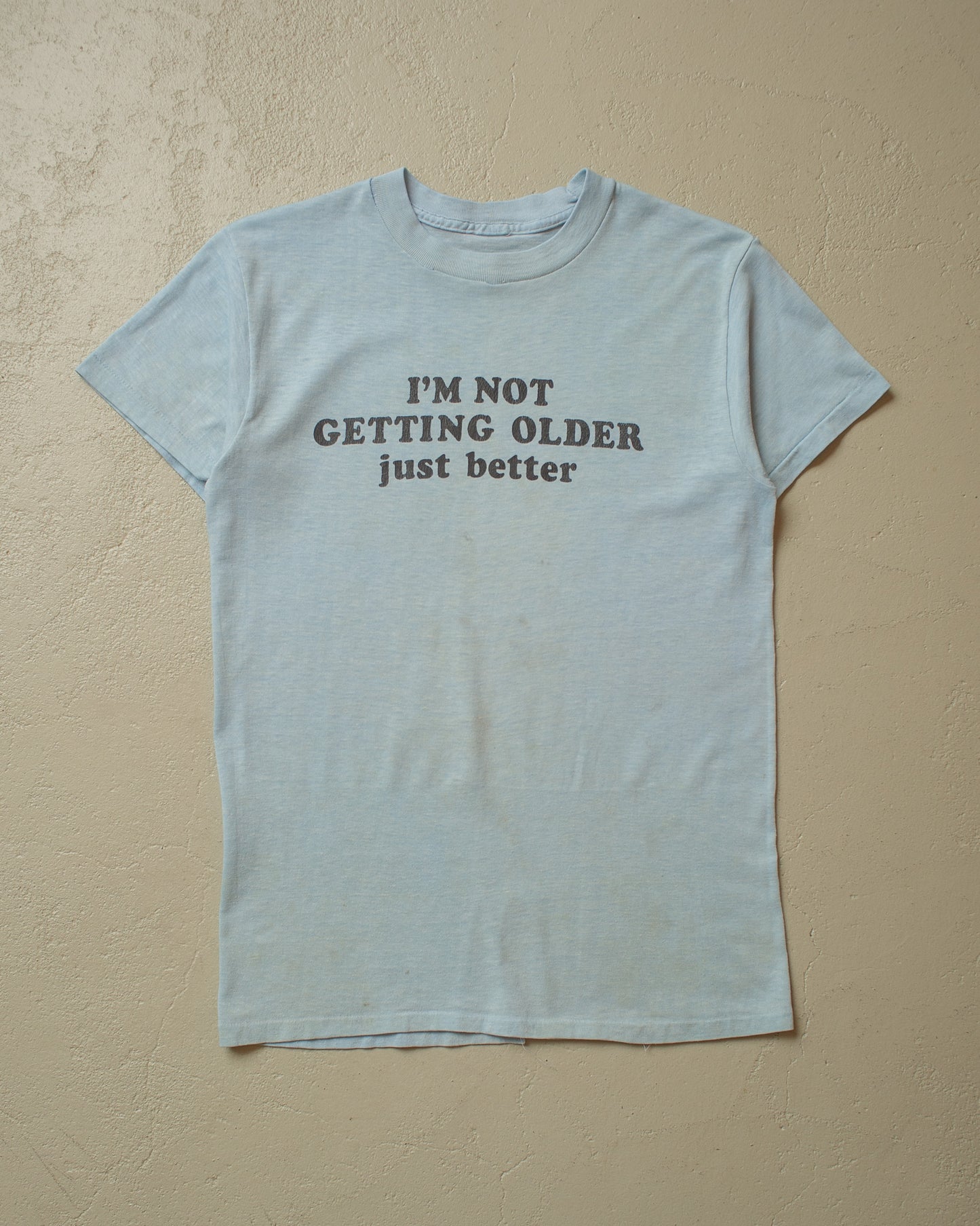 1980s distressed "getting better" T-shirt blue - XS/S