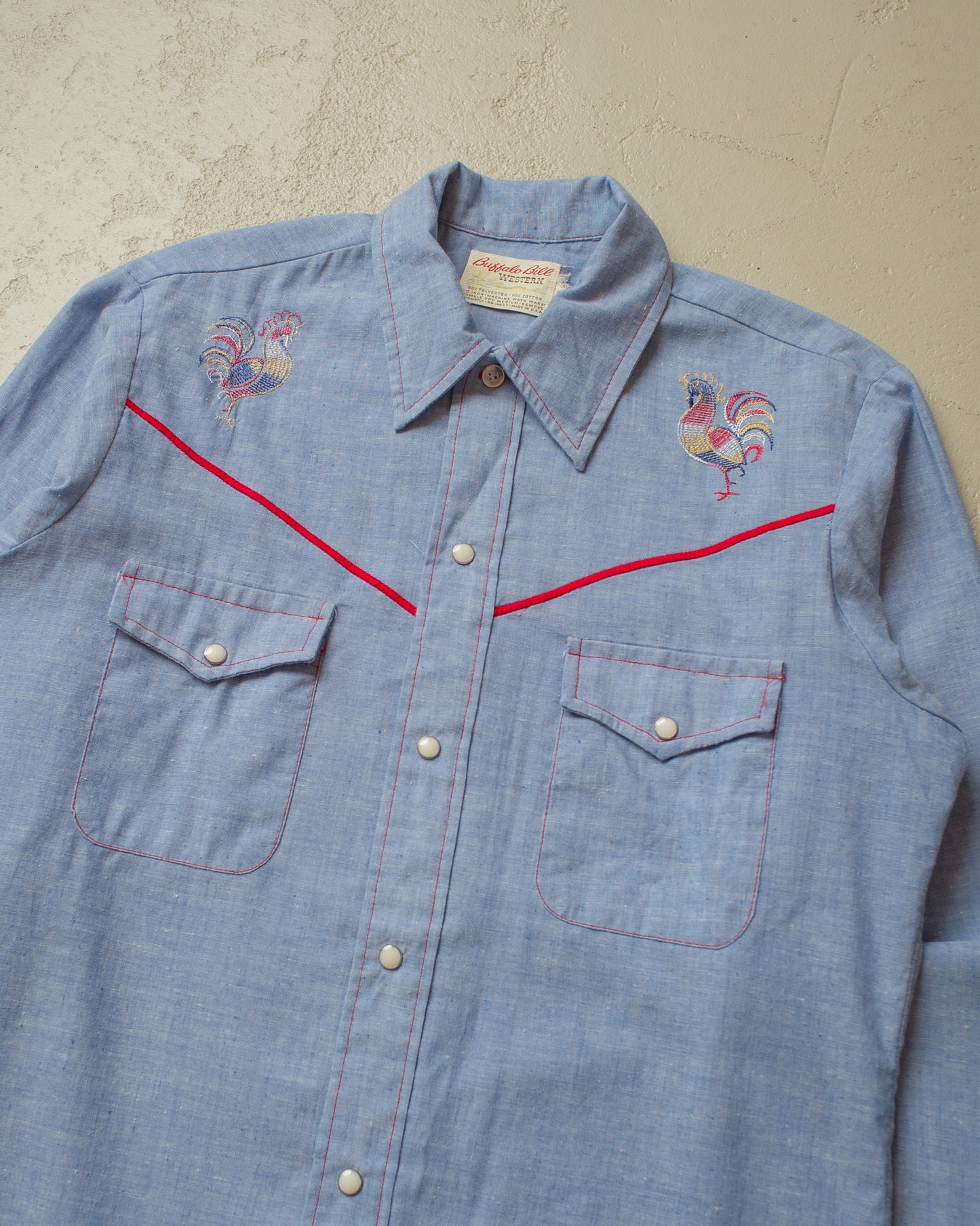1970s Hand Embroidered Pearl Snap Shirt blue - L