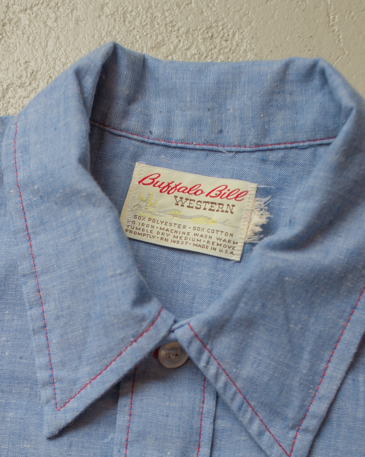 1970s Hand Embroidered Pearl Snap Shirt blue - L