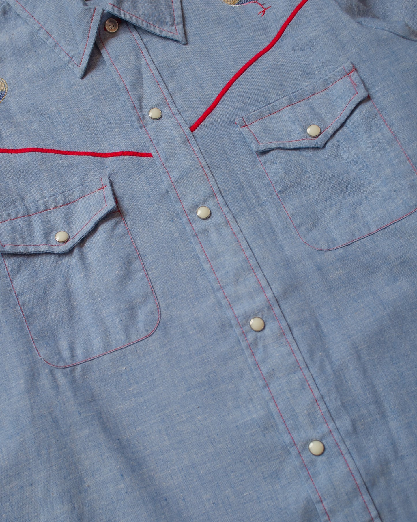1970s Hand Embroidered Pearl Snap Shirt blue - L