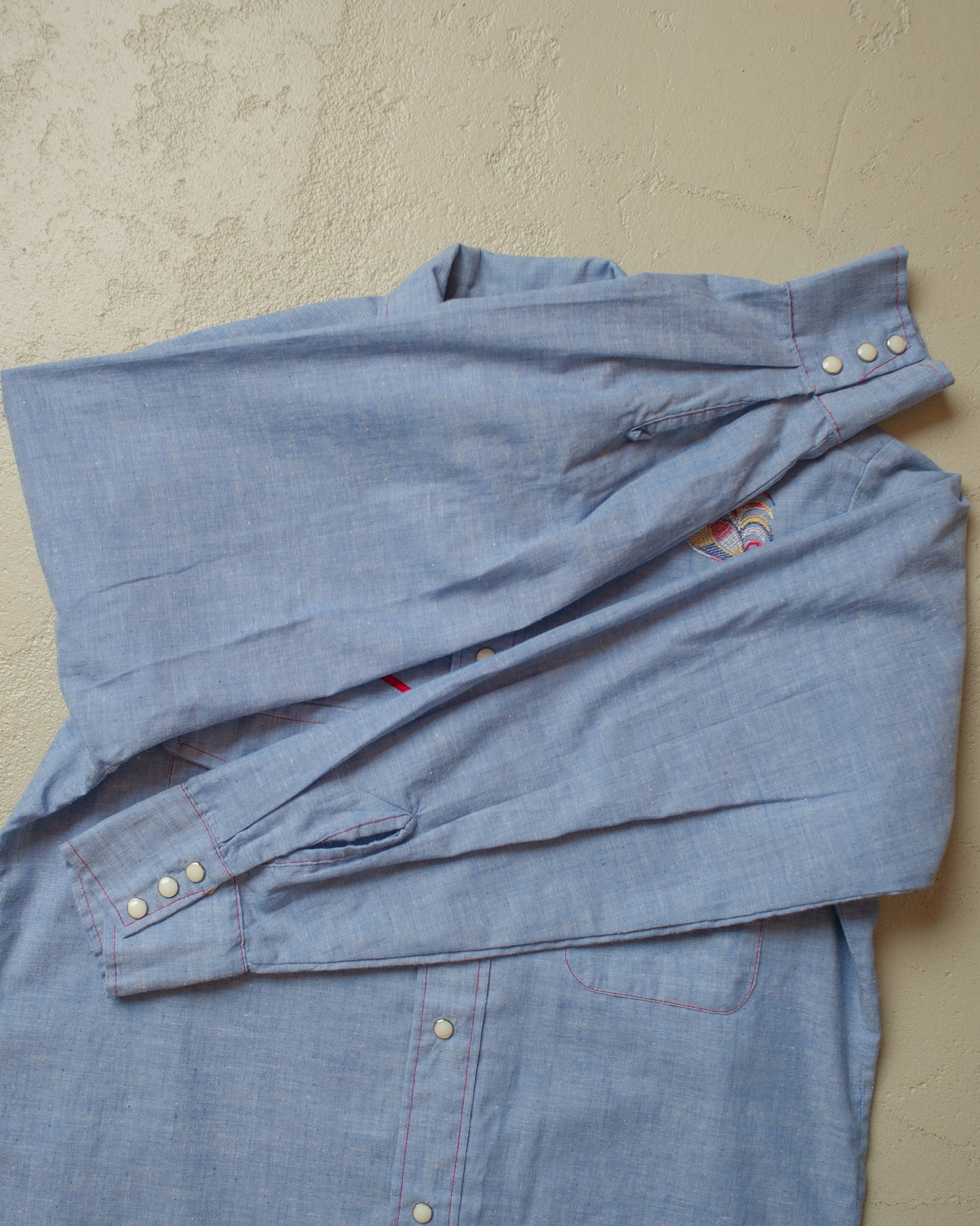 1970s Hand Embroidered Pearl Snap Shirt blue - L