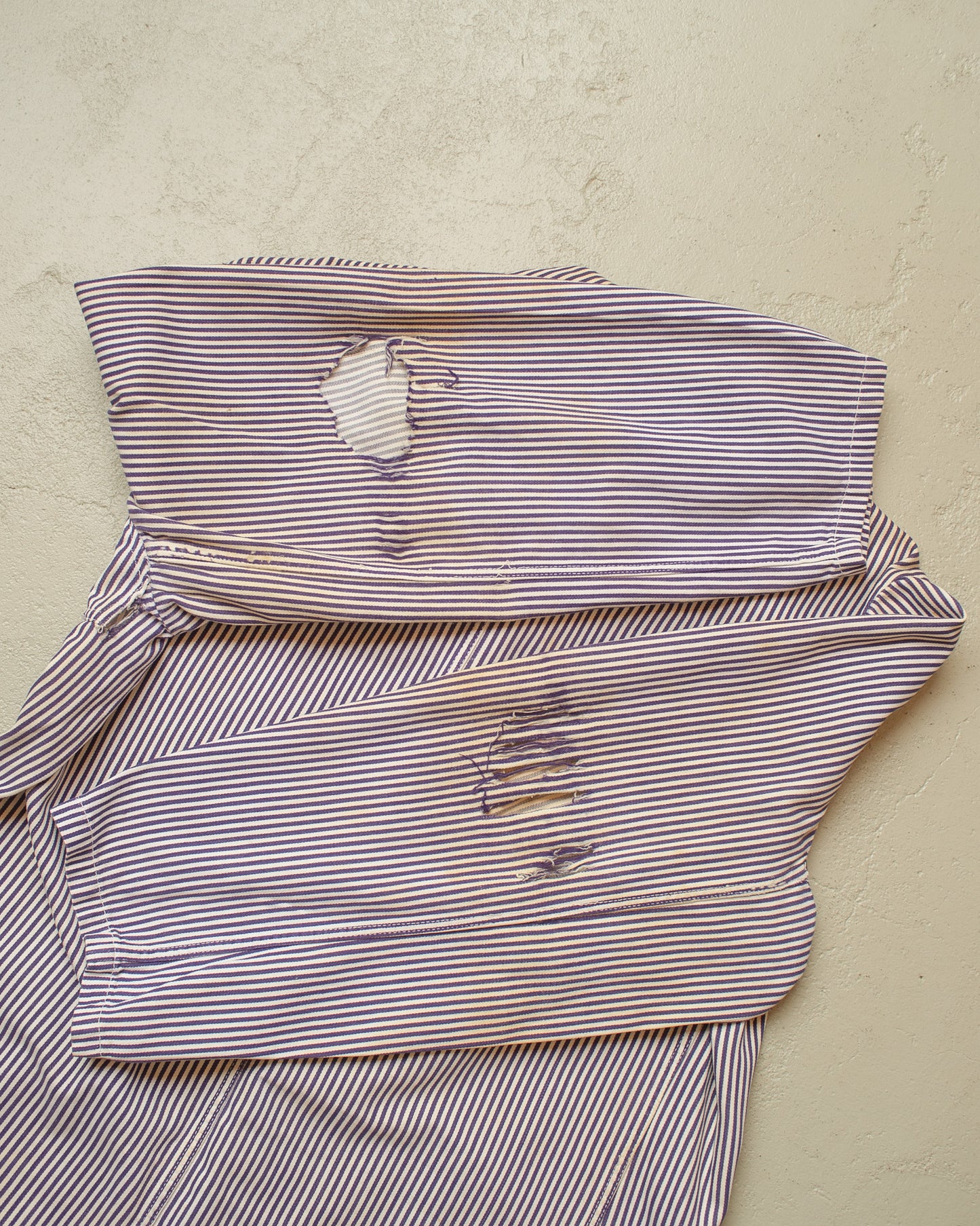 1950s distressed German Greiff "Metzgerjacke" Butcher striped Work Jacket blue - XL