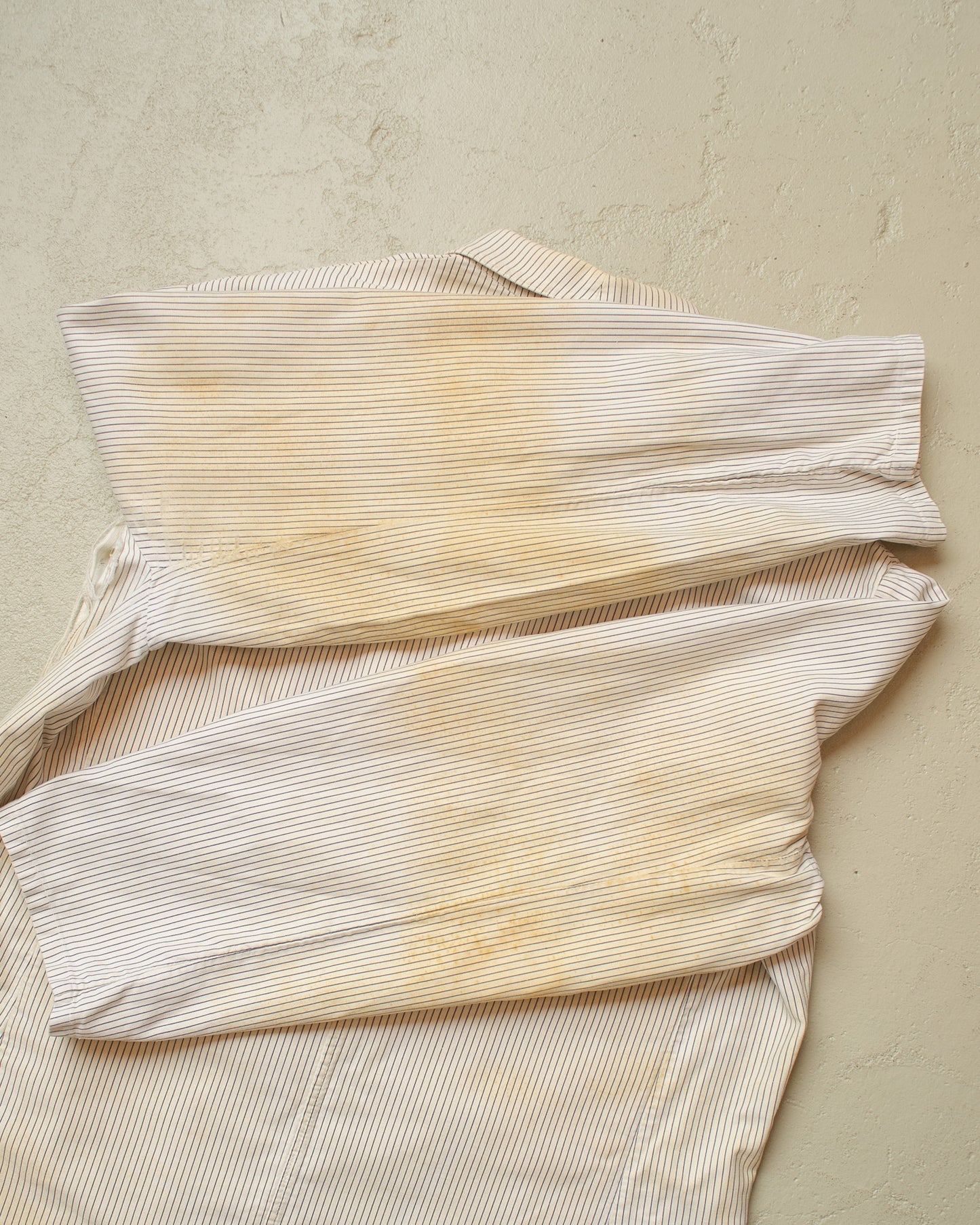 1950s/60s distressed German "Metzgerjacke" Butcher striped Work Jacket white - L