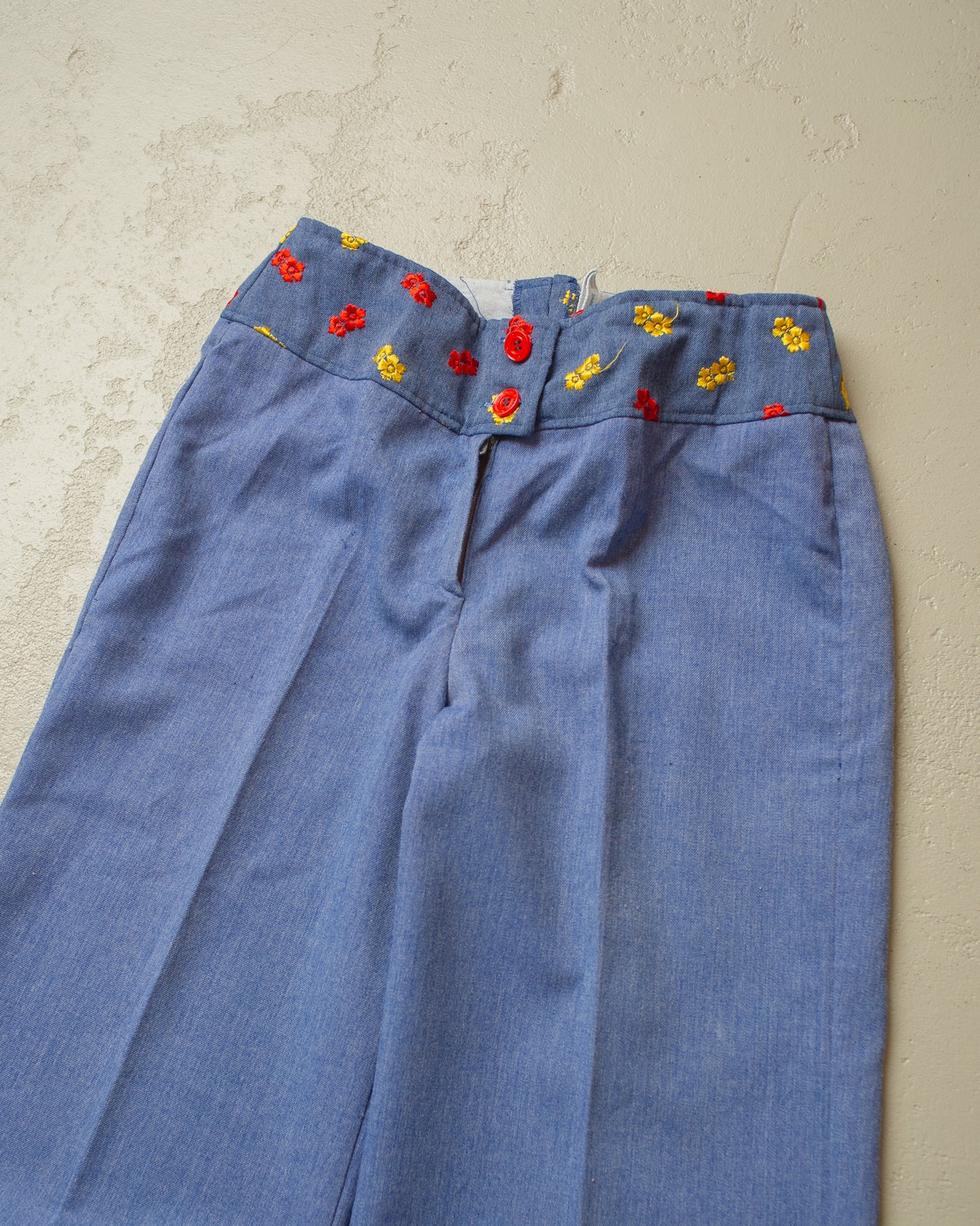 1970s Floral Pleated Bellbottom Pants blue - W28 L31