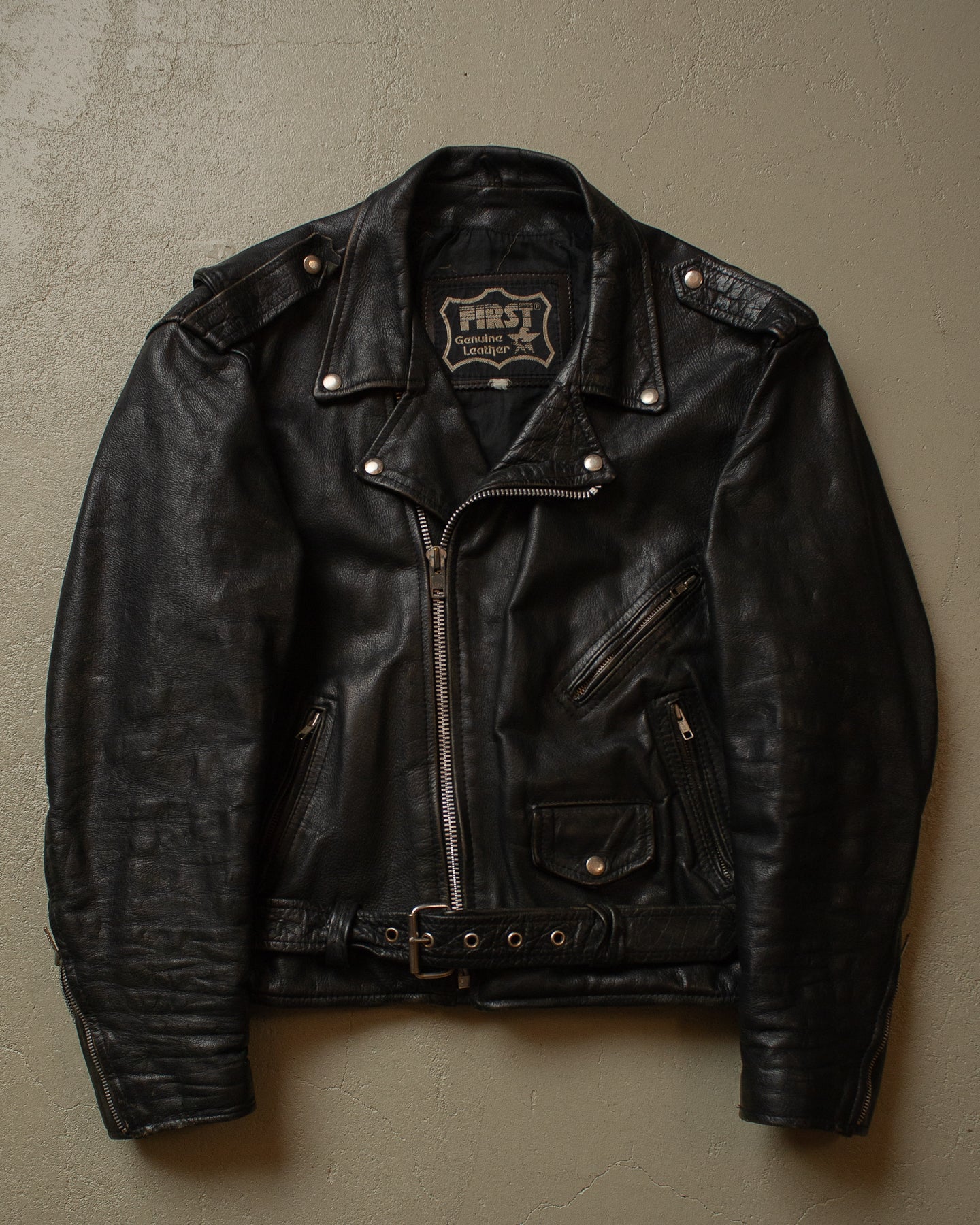 70s/80s Biker Leather Jacket black - L/XL