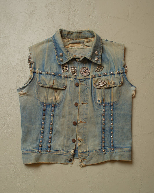 1980s distressed Rifle Personalized Biker Denim Vest blue - M