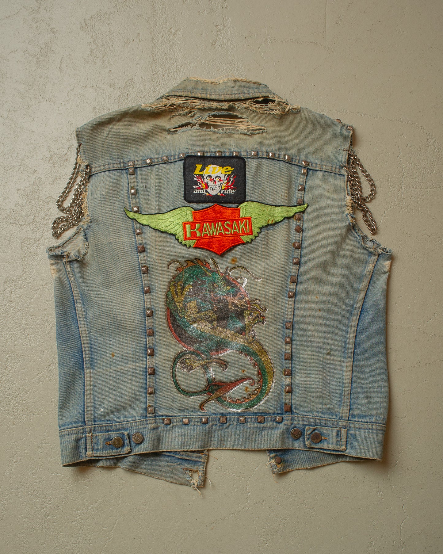 1980s distressed Rifle Personalized Biker Denim Vest blue - M