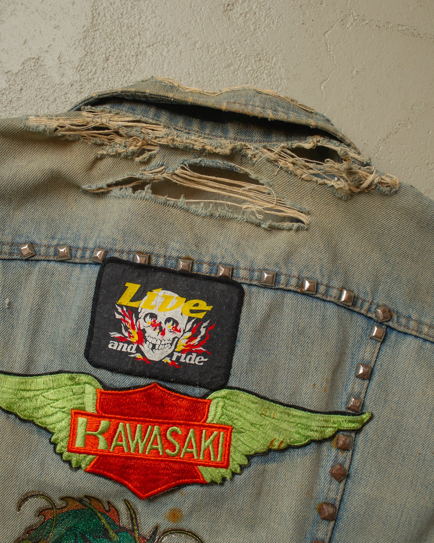 1980s distressed Rifle Personalized Biker Denim Vest blue - M