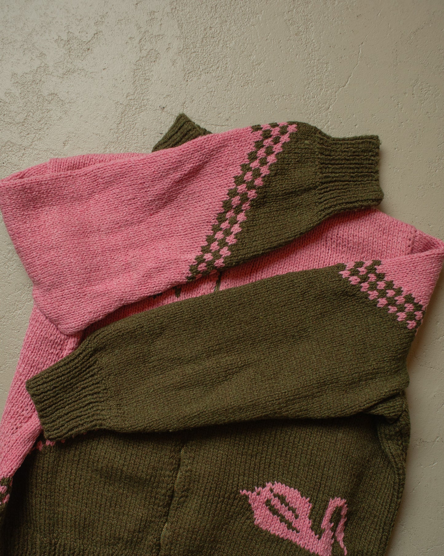 1950s/60s Handmade Womens Two Tone Knit Jacket brown/pink - M/L