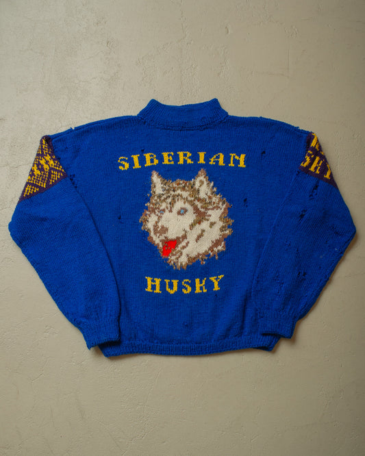 1970s/80s thrashed Siberian Husky Knit Sweater blue - L