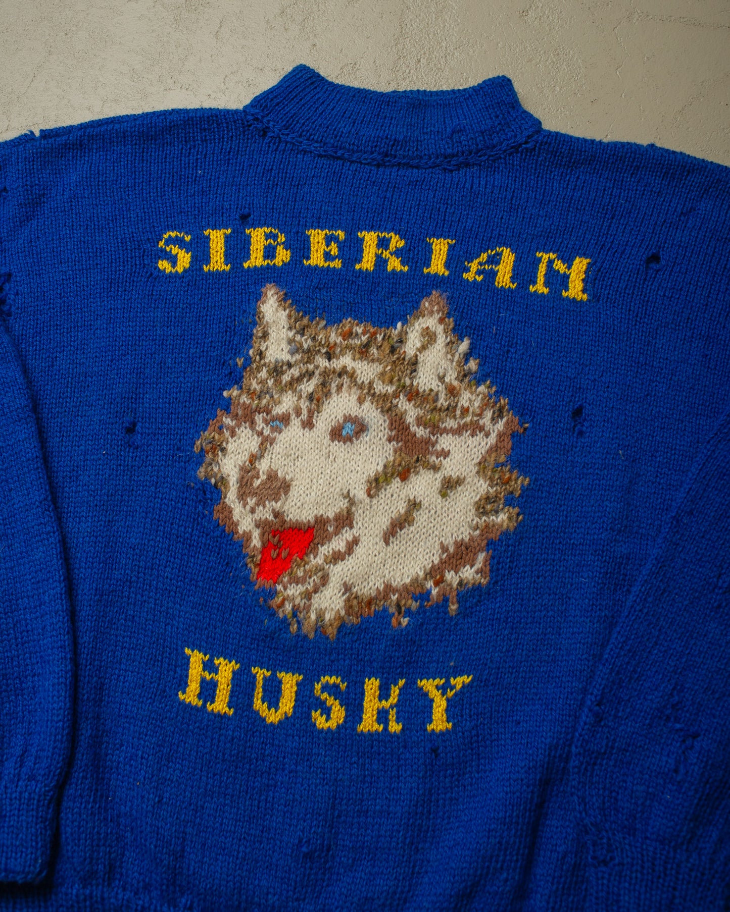 1970s/80s thrashed Siberian Husky Knit Sweater blue - L