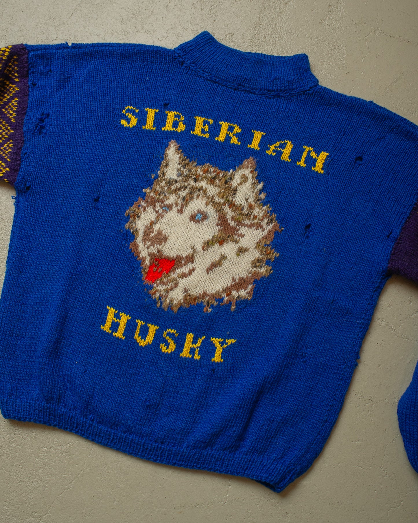 1970s/80s thrashed Siberian Husky Knit Sweater blue - L