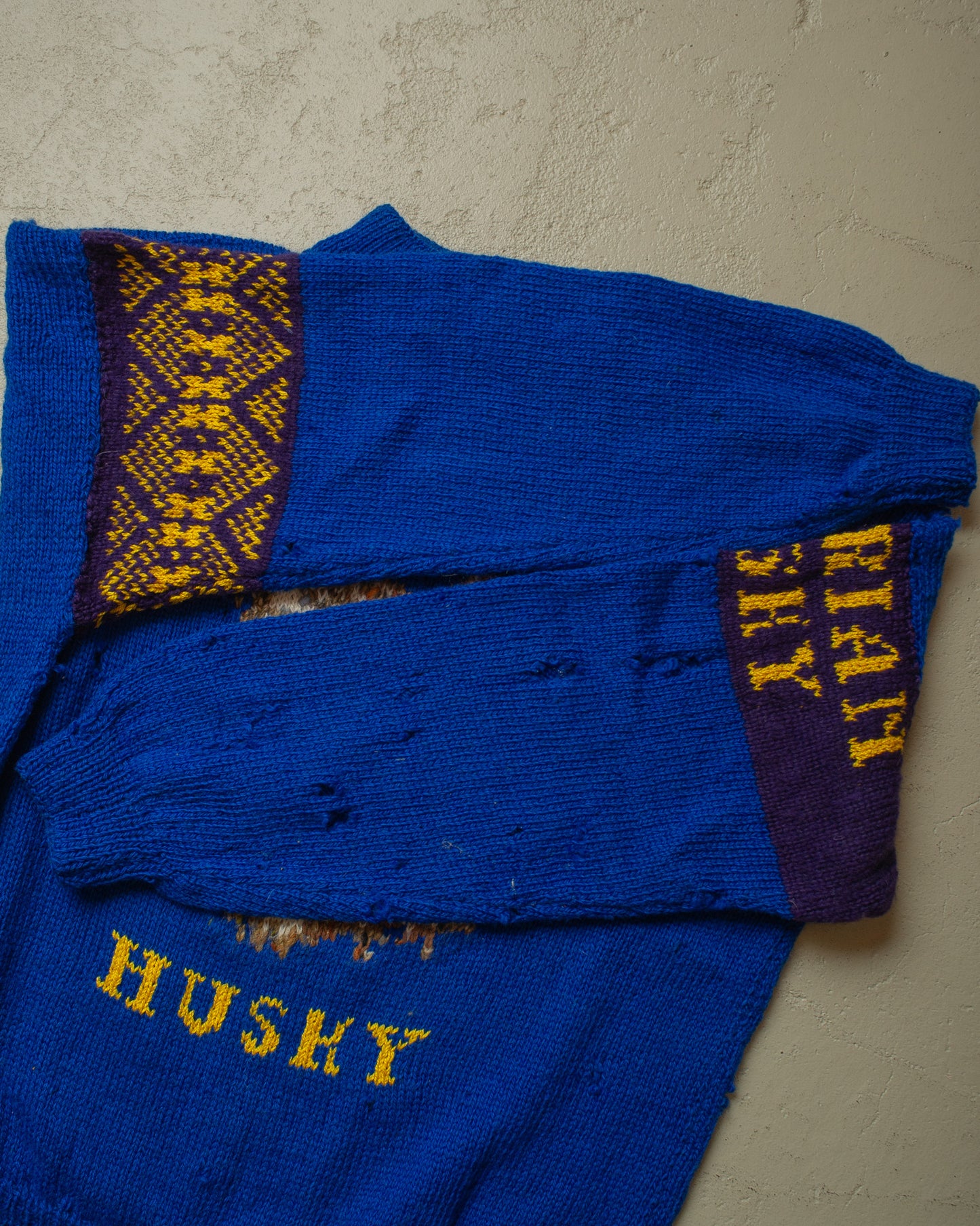 1970s/80s thrashed Siberian Husky Knit Sweater blue - L