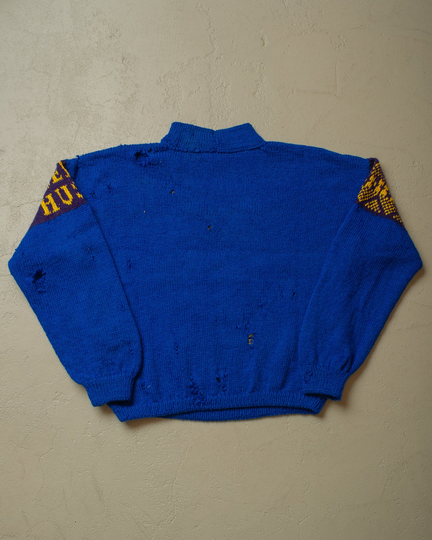 1970s/80s thrashed Siberian Husky Knit Sweater blue - L