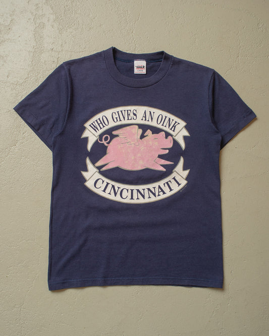 1987 Womens "Who gives an Oink" Baby T-shirt navyblue - XS/S