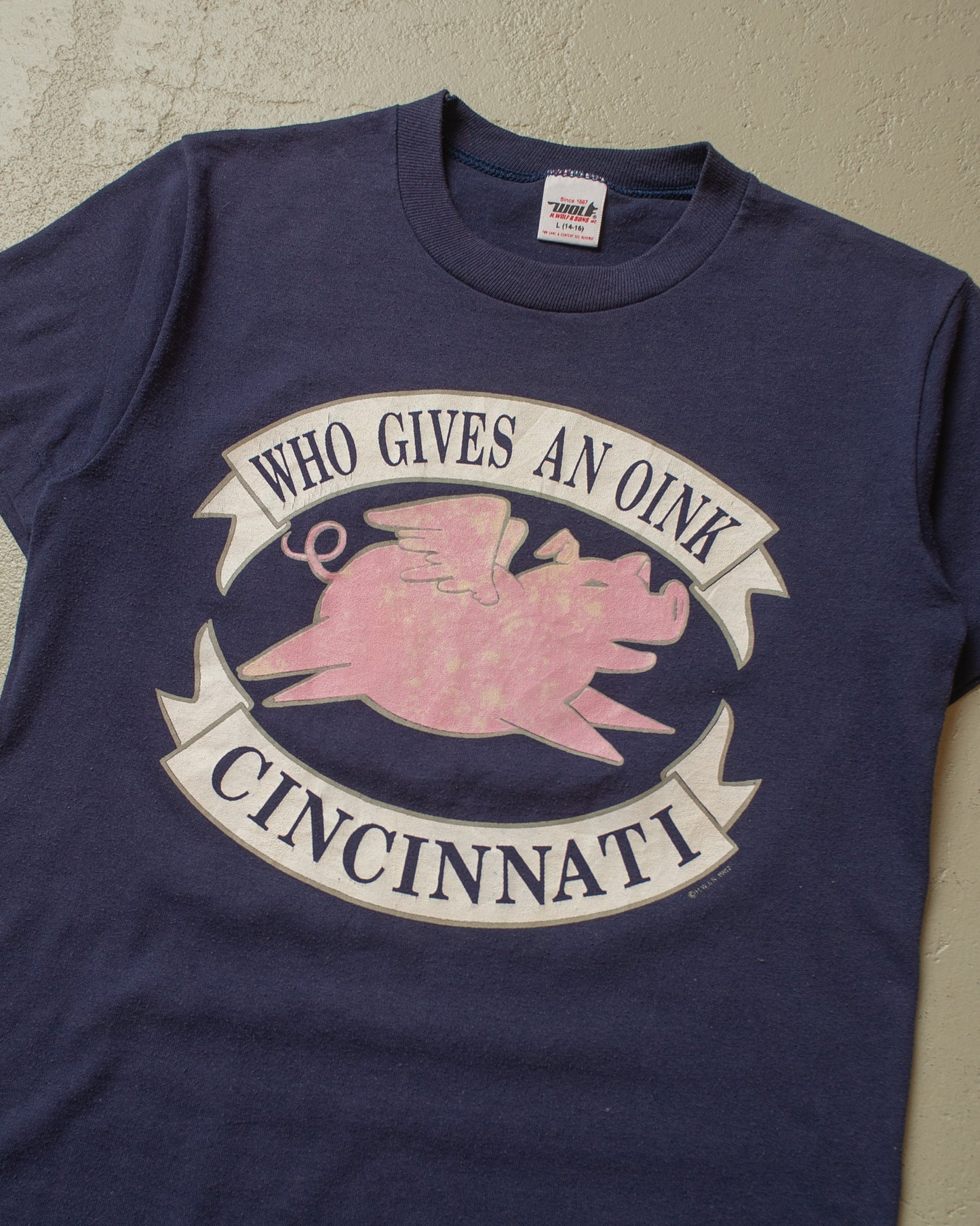 1987 Womens "Who gives an Oink" Baby T-shirt navyblue - XS/S