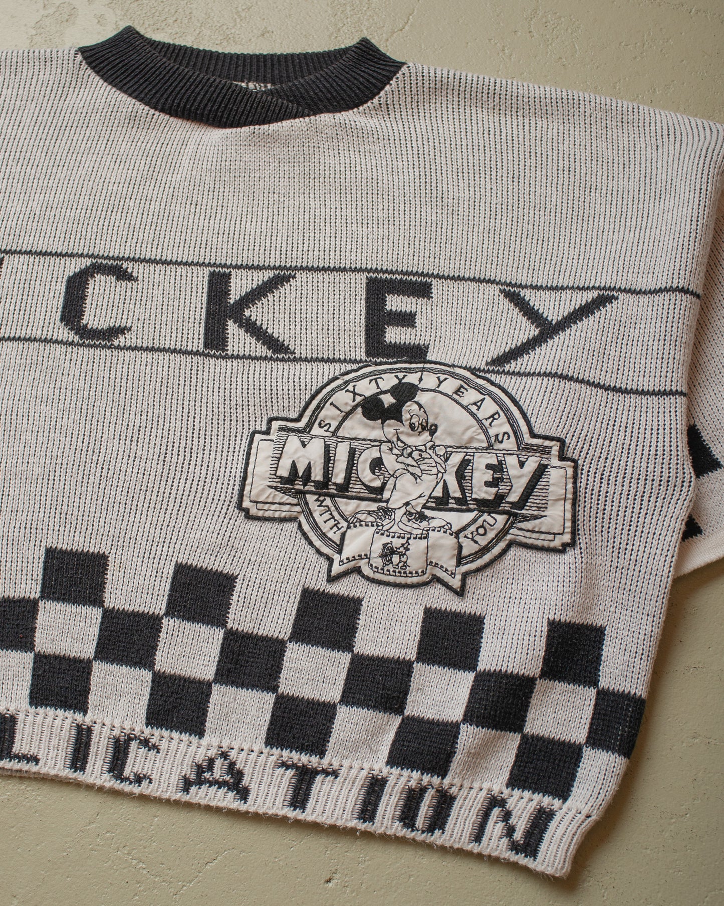 1980s Disney "60 Years Mickey" Boxy Short Sleeve knit white/black - M/L