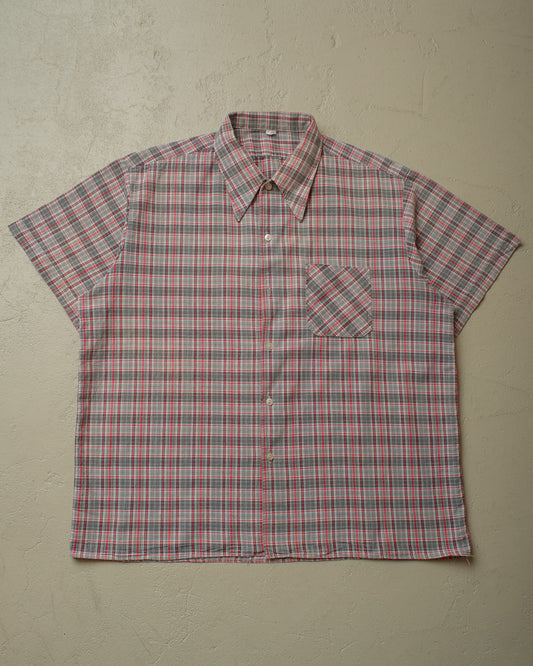 1950s/60s German checkered Cotton Work Shirt red/grey - XL/XXL