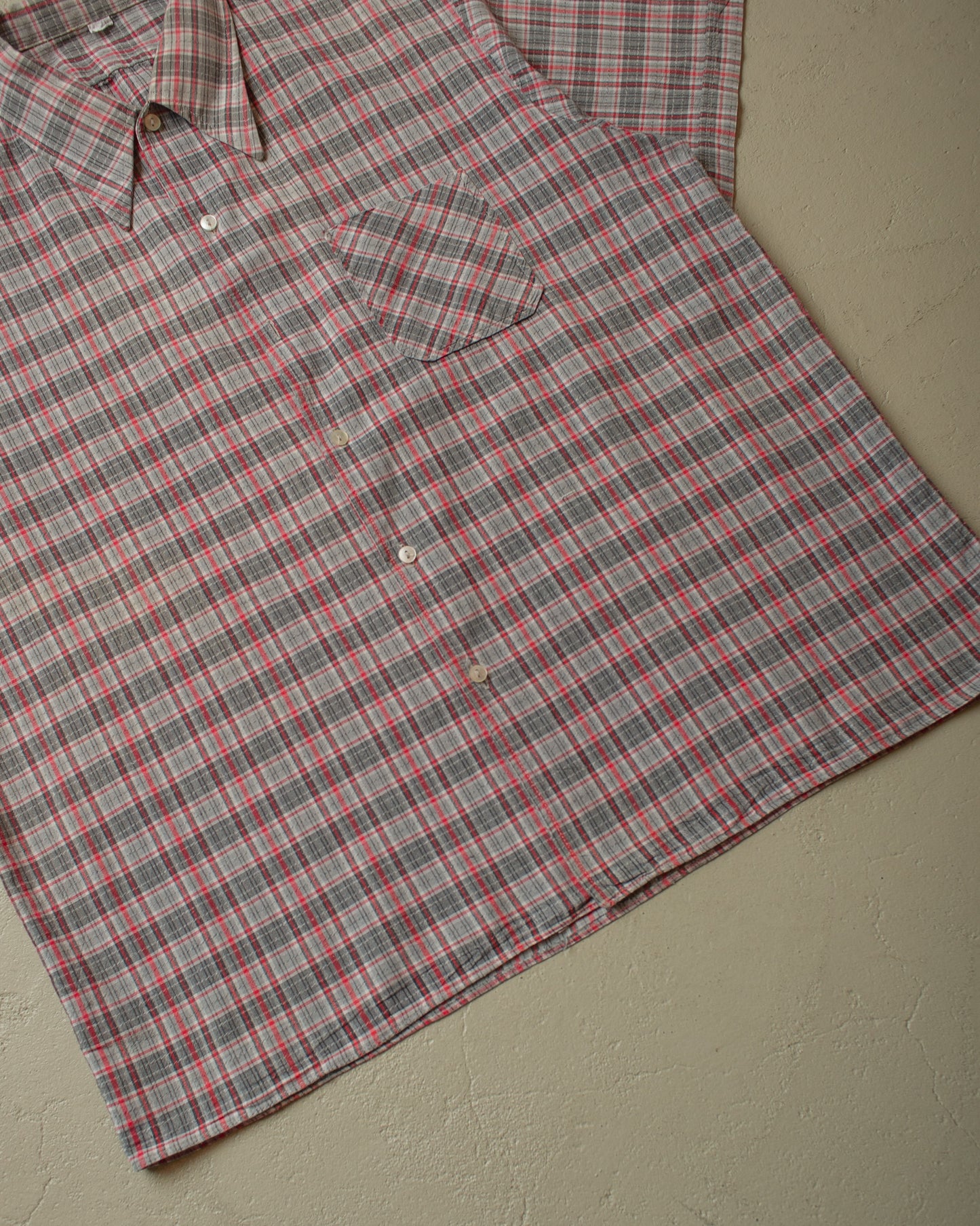 1950s/60s German checkered Cotton Work Shirt red/grey - XL/XXL
