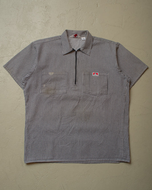 1990s Ben Davis Quarter Zip striped Work Shirt blue - XL/XXL