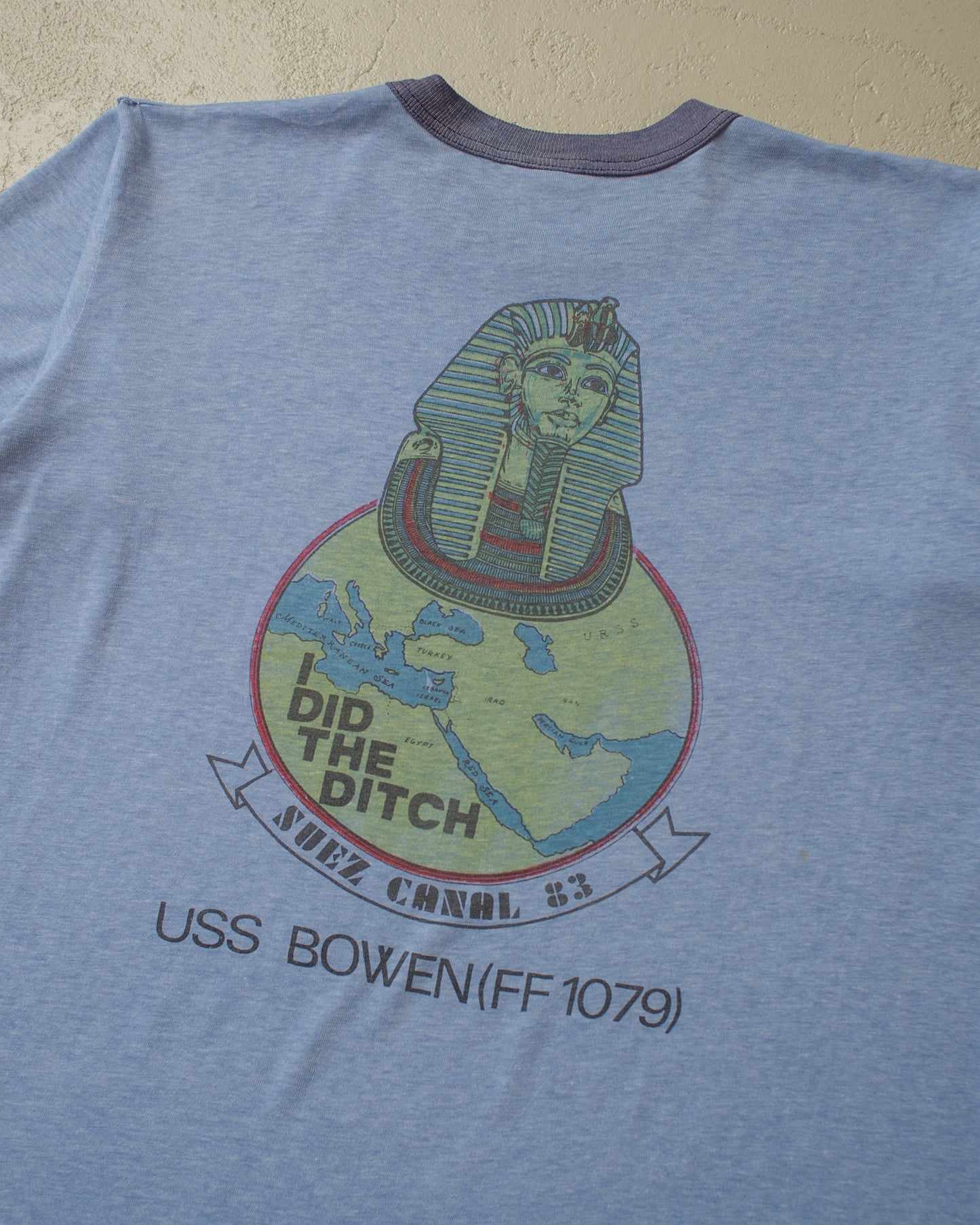 1983 USS Bowen Suez Canal Ringer T-shirt blue - M/L