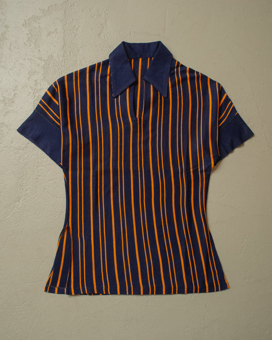 1970s vertical striped Polo Shirt navyblue - S/M