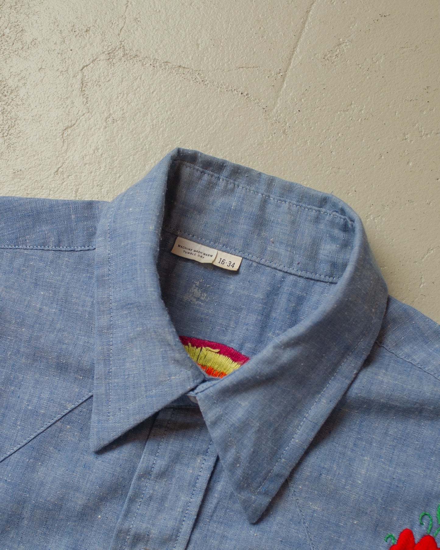 1960s/70s Hand Embroiderd Pearl Snap Shirt blue - M/L