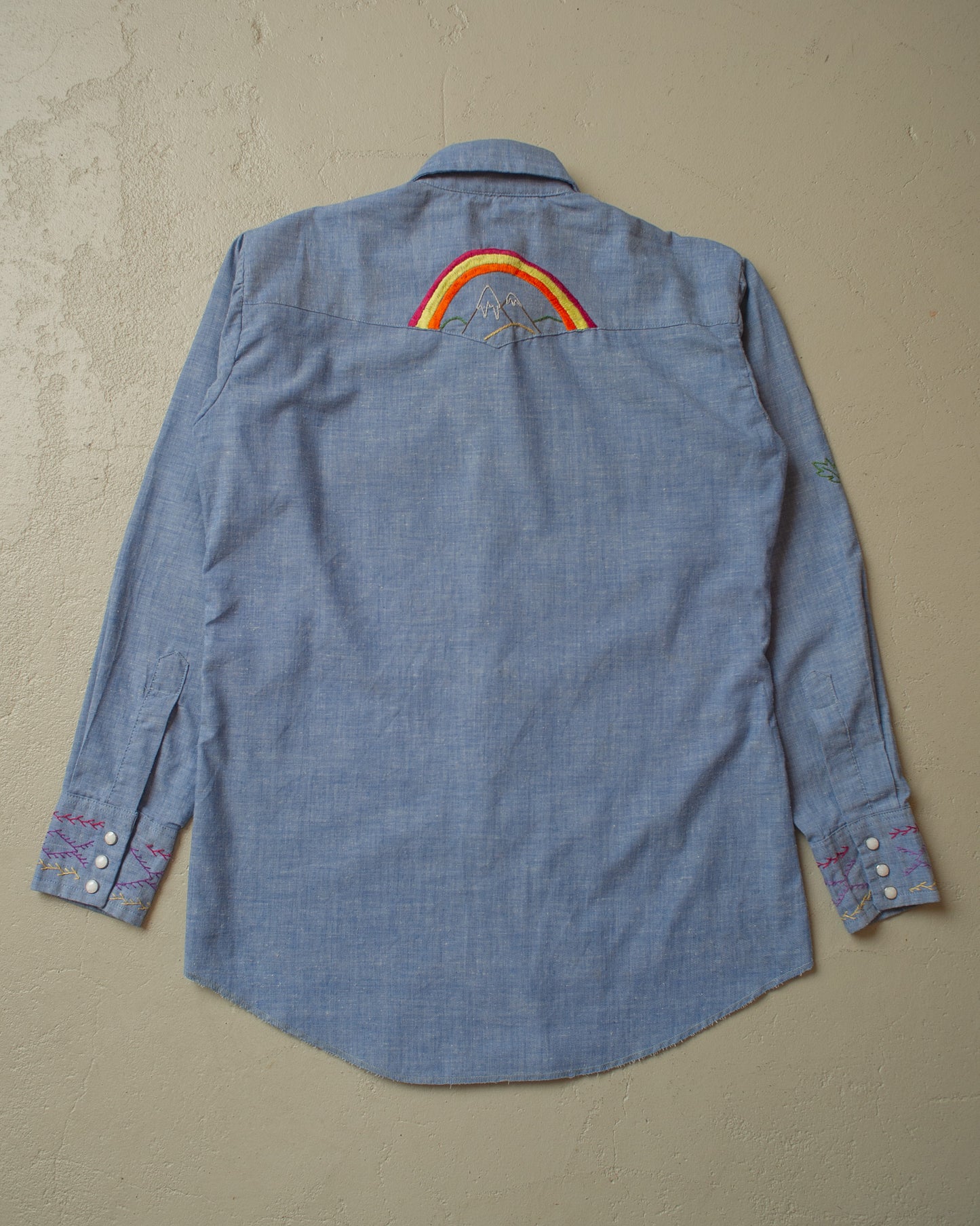 1960s/70s Hand Embroiderd Pearl Snap Shirt blue - M/L