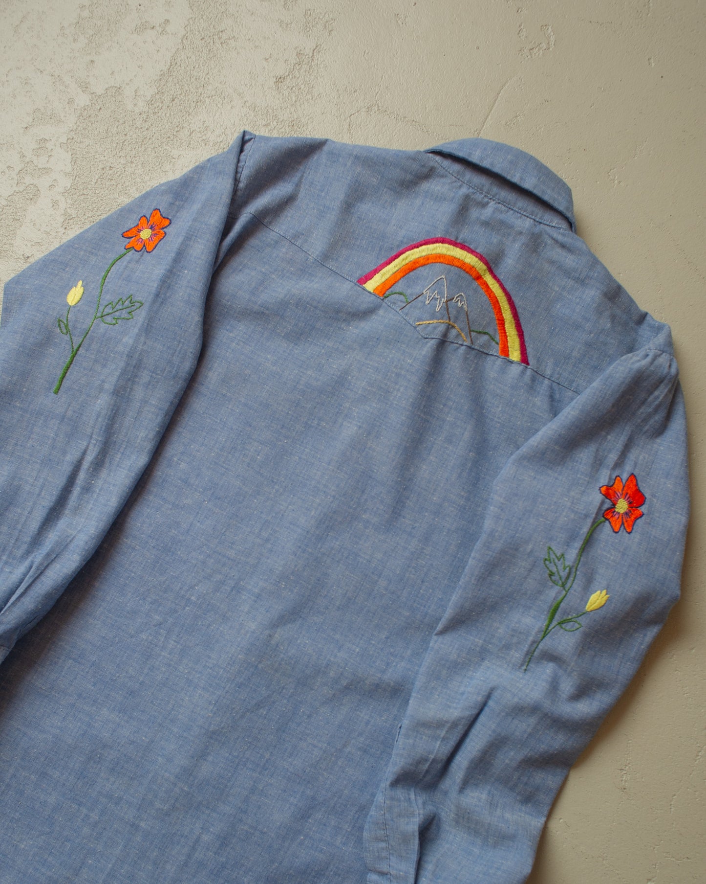 1960s/70s Hand Embroiderd Pearl Snap Shirt blue - M/L