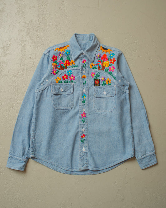 1960s El Cisne Hand Embroidered Denim Shirt blue - XS/S