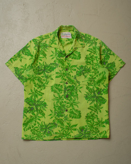 1950s Waikiki Wear Leaf Pattern Loop Collar Hawaii Shirt green - M