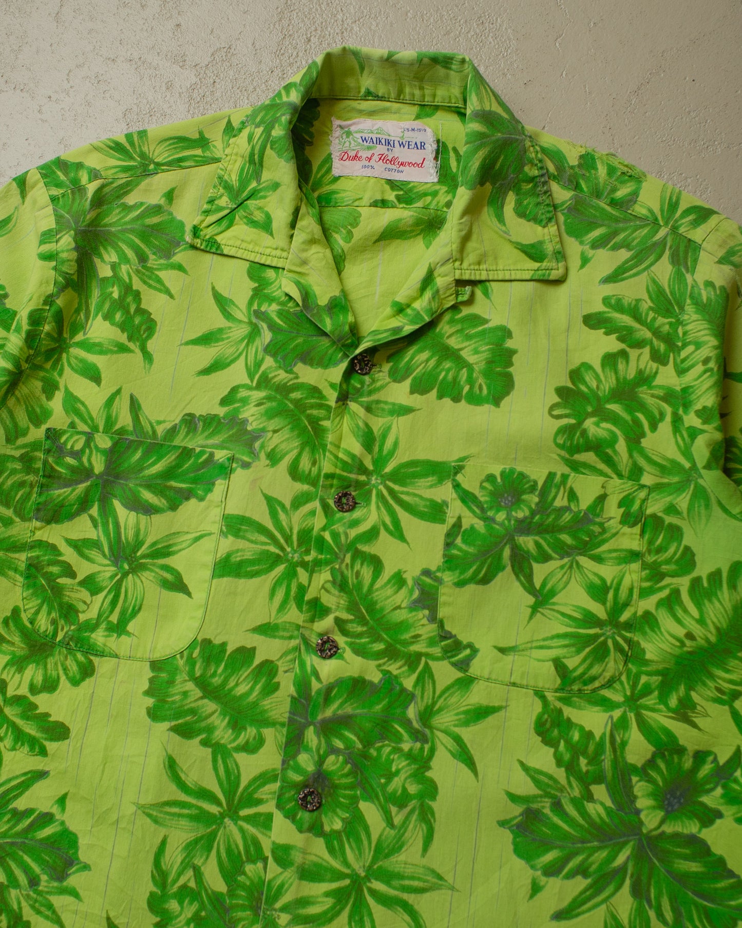 1950s Waikiki Wear Leaf Pattern Loop Collar Hawaii Shirt green - M