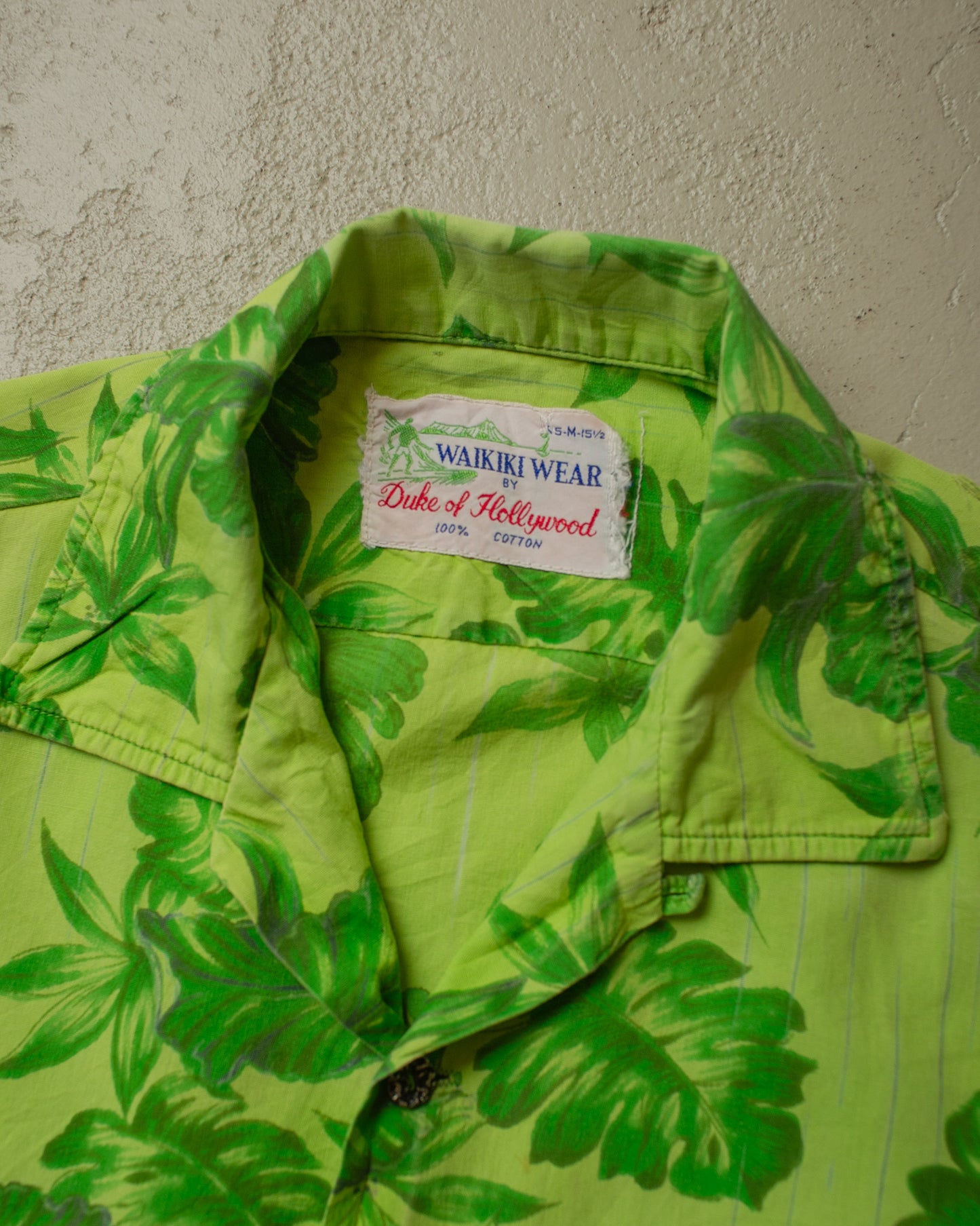 1950s Waikiki Wear Leaf Pattern Loop Collar Hawaii Shirt green - M