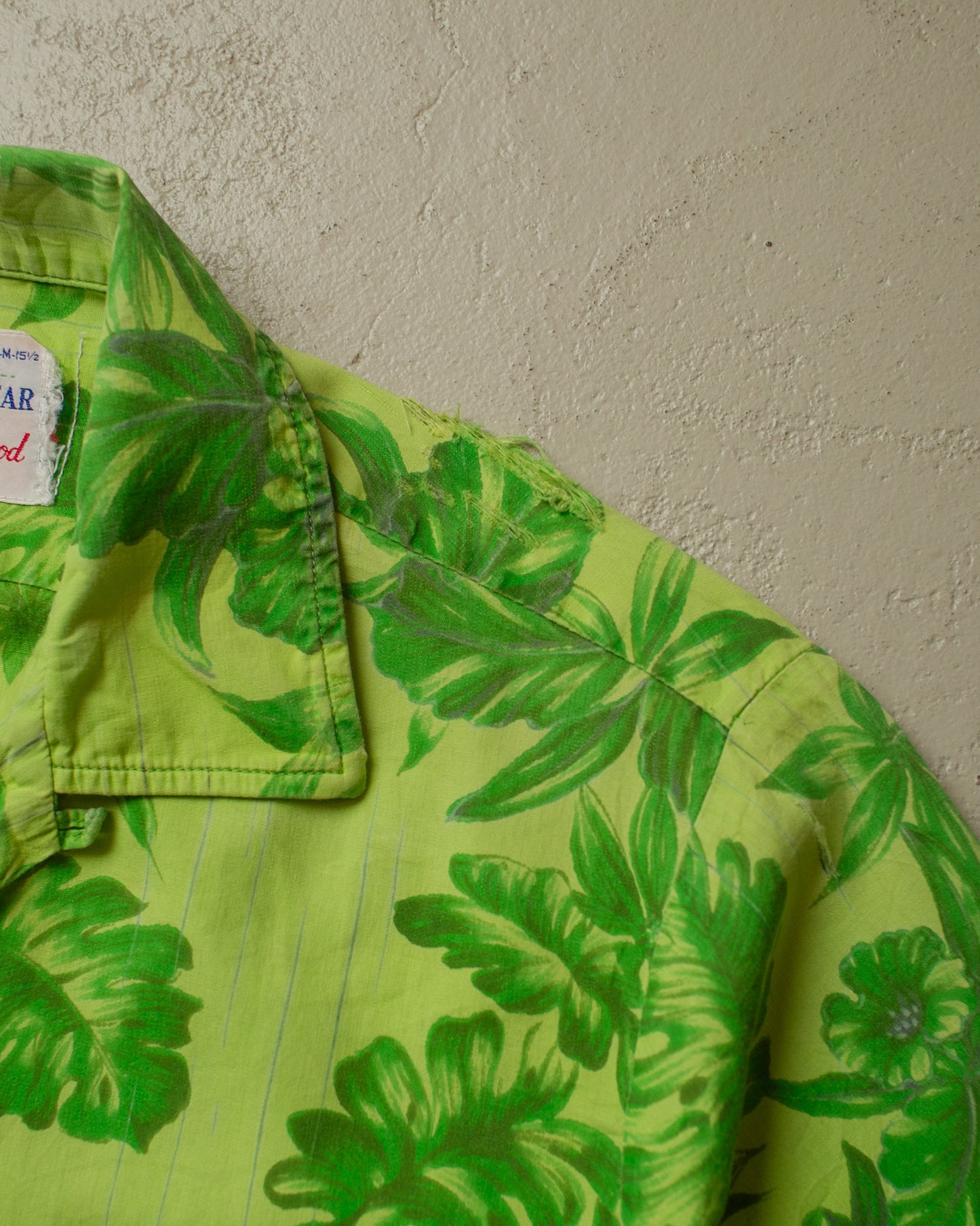 1950s Waikiki Wear Leaf Pattern Loop Collar Hawaii Shirt green - M