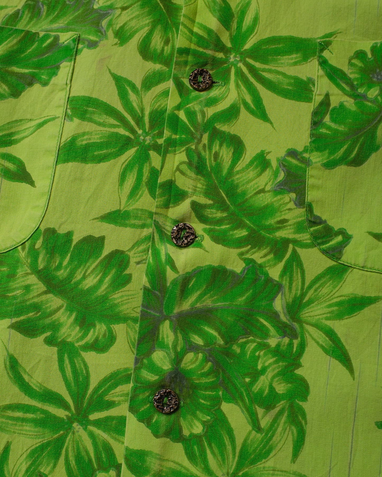 1950s Waikiki Wear Leaf Pattern Loop Collar Hawaii Shirt green - M