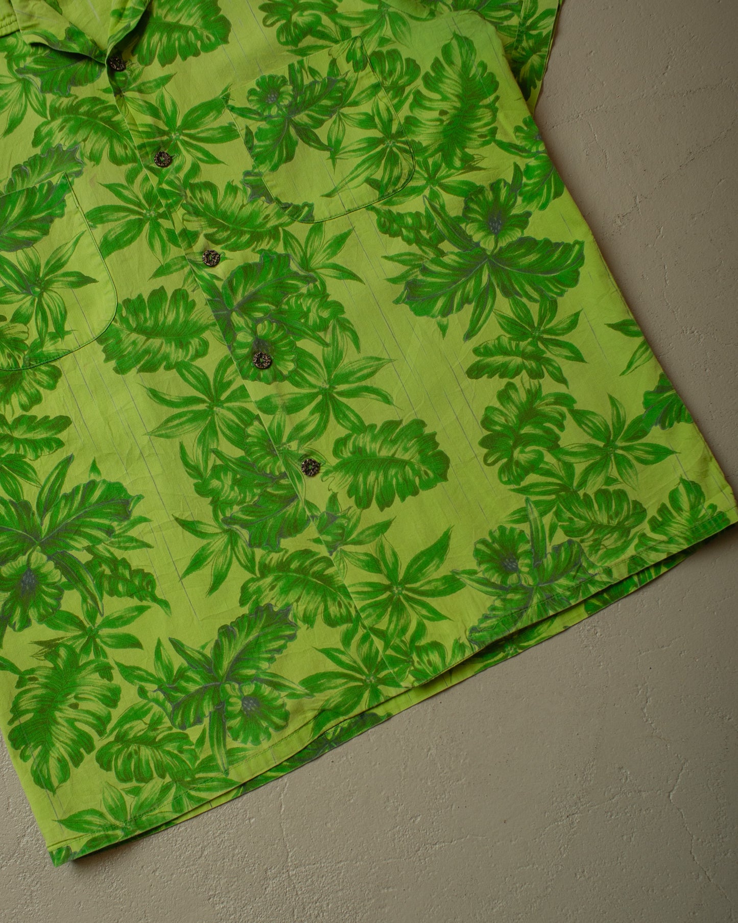 1950s Waikiki Wear Leaf Pattern Loop Collar Hawaii Shirt green - M