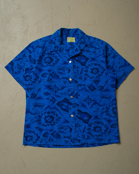1950s Ui-Makai Map Print Hawaii Shirt blue - L/XL
