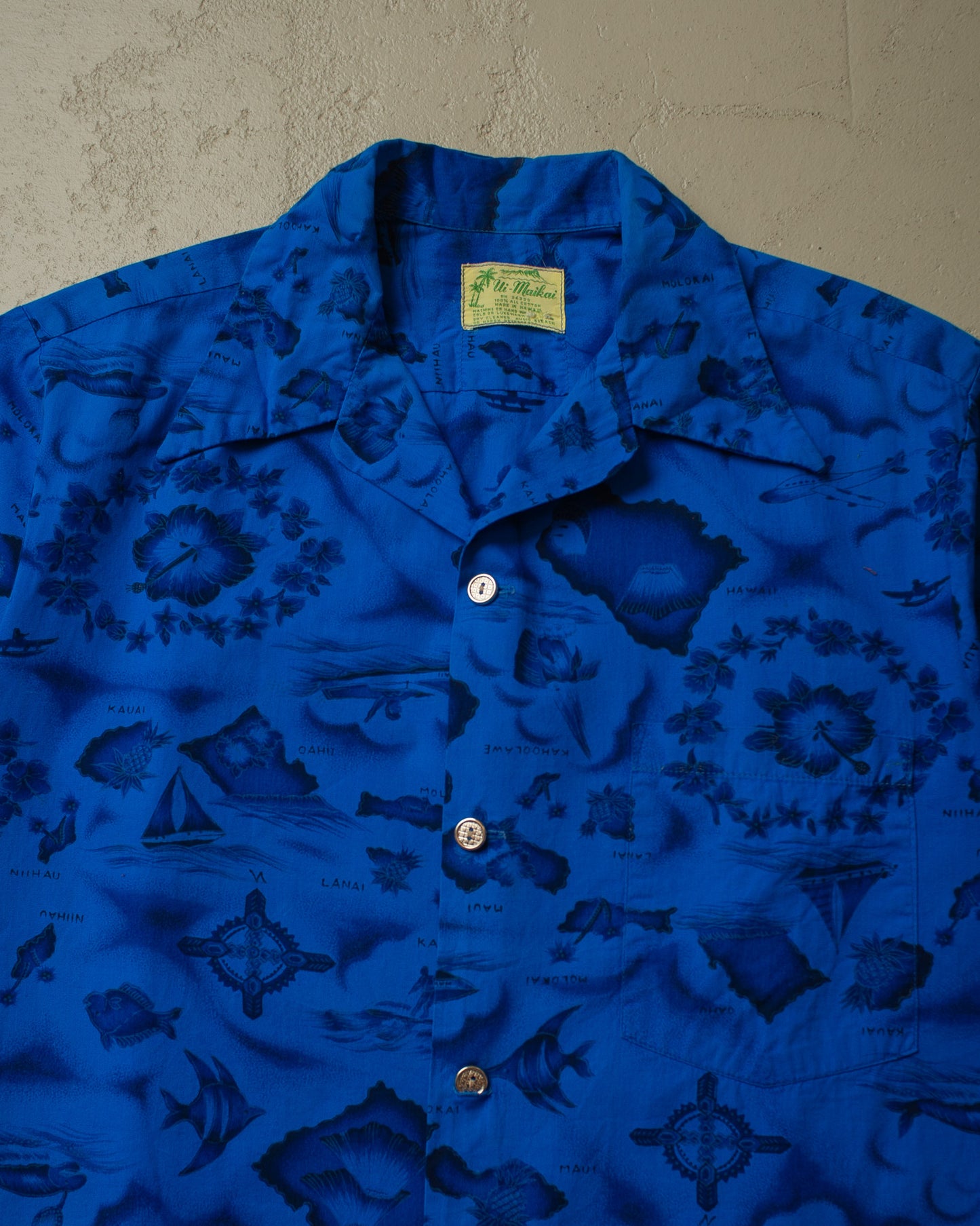 1950s Ui-Makai Map Print Hawaii Shirt blue - L/XL