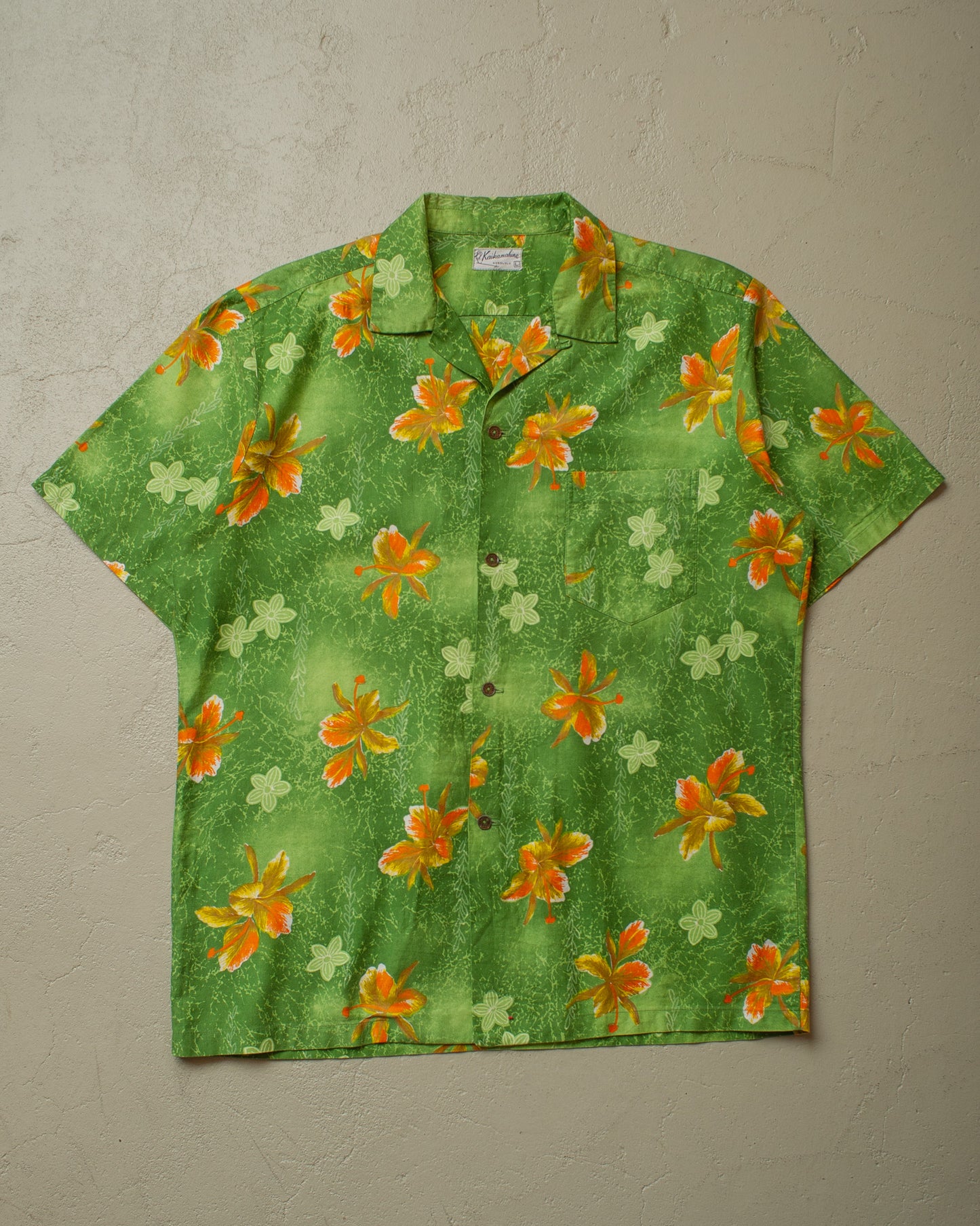 1950s Kaikamahine Leaf Pattern Loop Collar Hawaii Shirt green - M/L