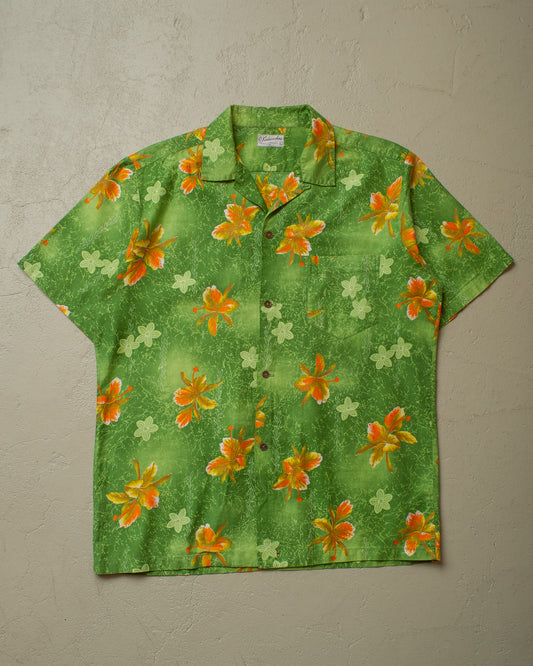 1950s Kaikamahine Leaf Pattern Loop Collar Hawaii Shirt green - M/L