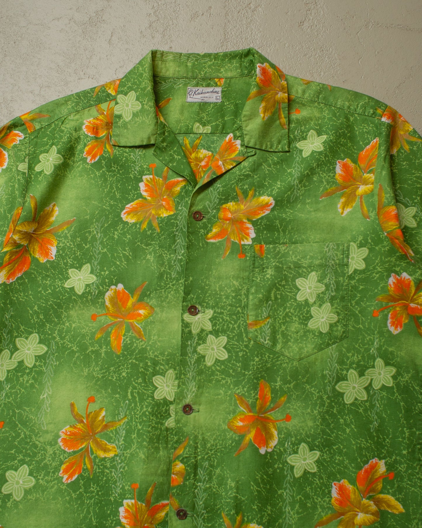 1950s Kaikamahine Leaf Pattern Loop Collar Hawaii Shirt green - M/L