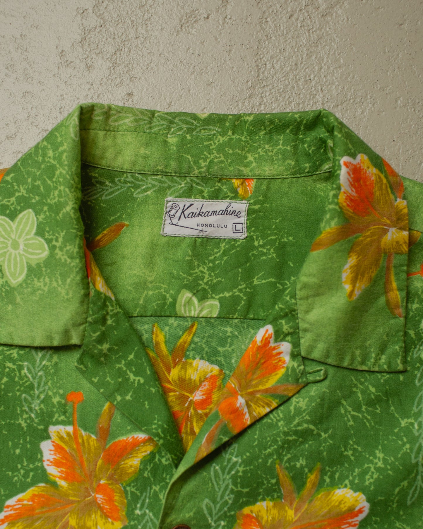 1950s Kaikamahine Leaf Pattern Loop Collar Hawaii Shirt green - M/L
