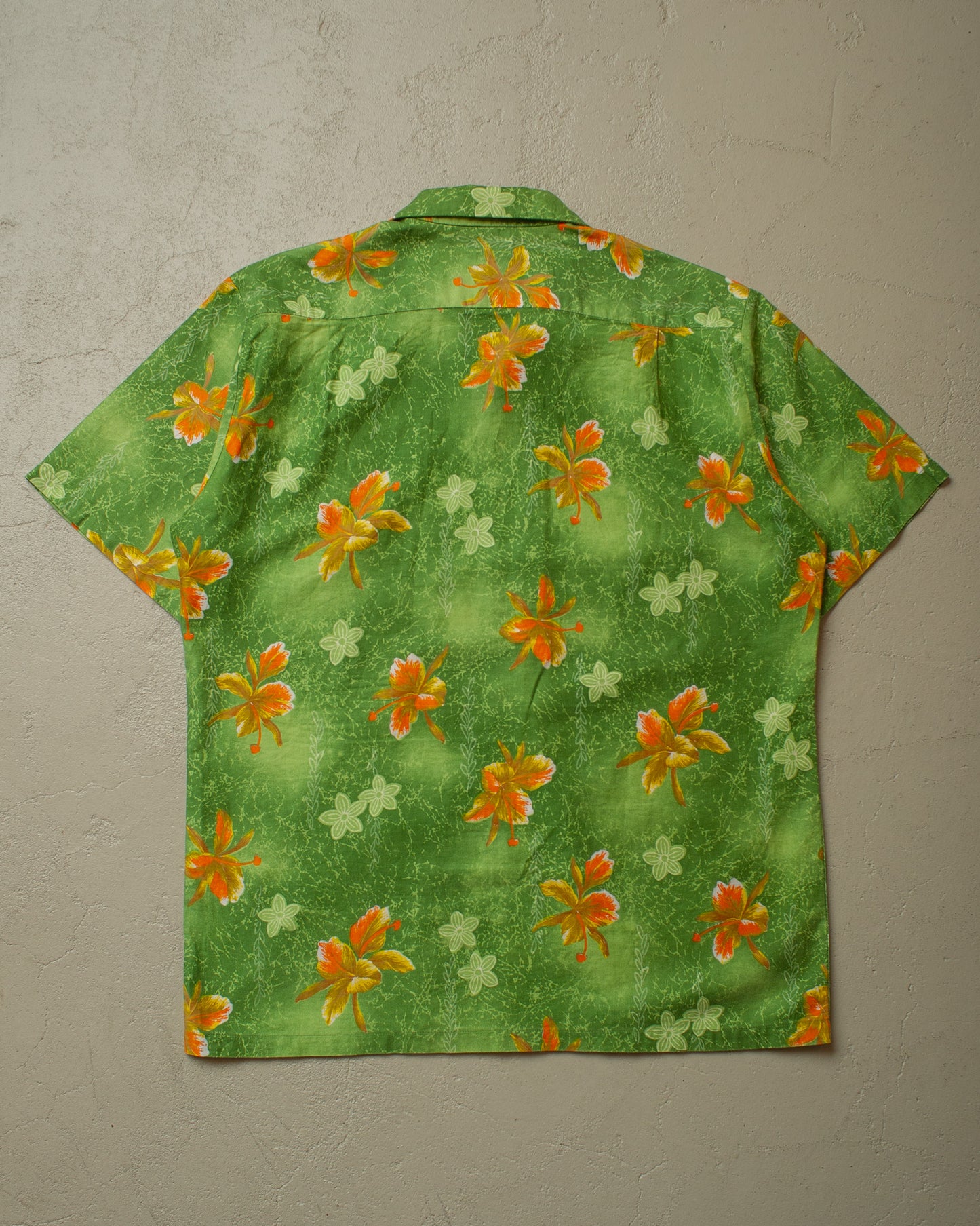 1950s Kaikamahine Leaf Pattern Loop Collar Hawaii Shirt green - M/L