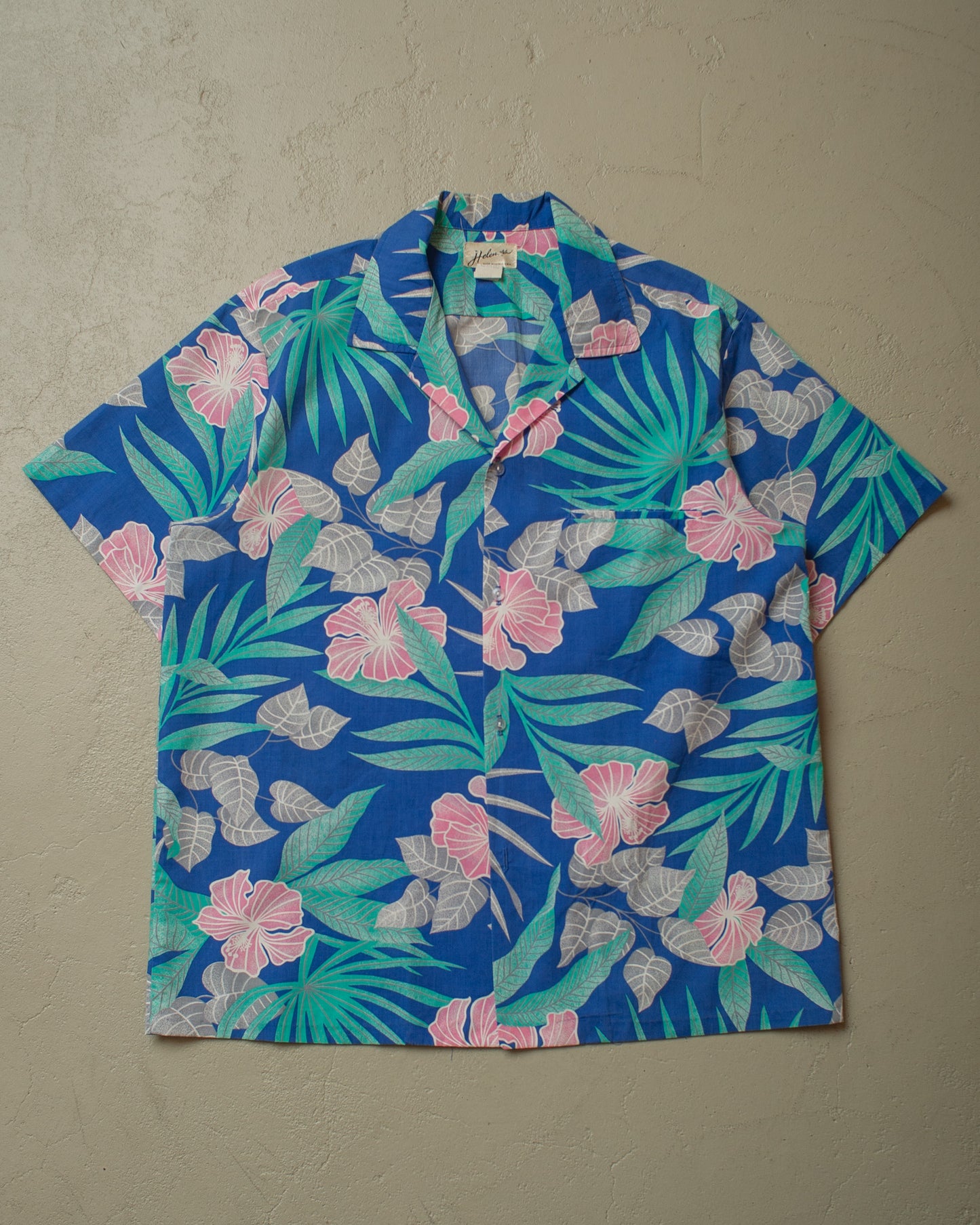 1950s/60s Helena´s Leaf Pattern Hawaii Shirt blue - XL