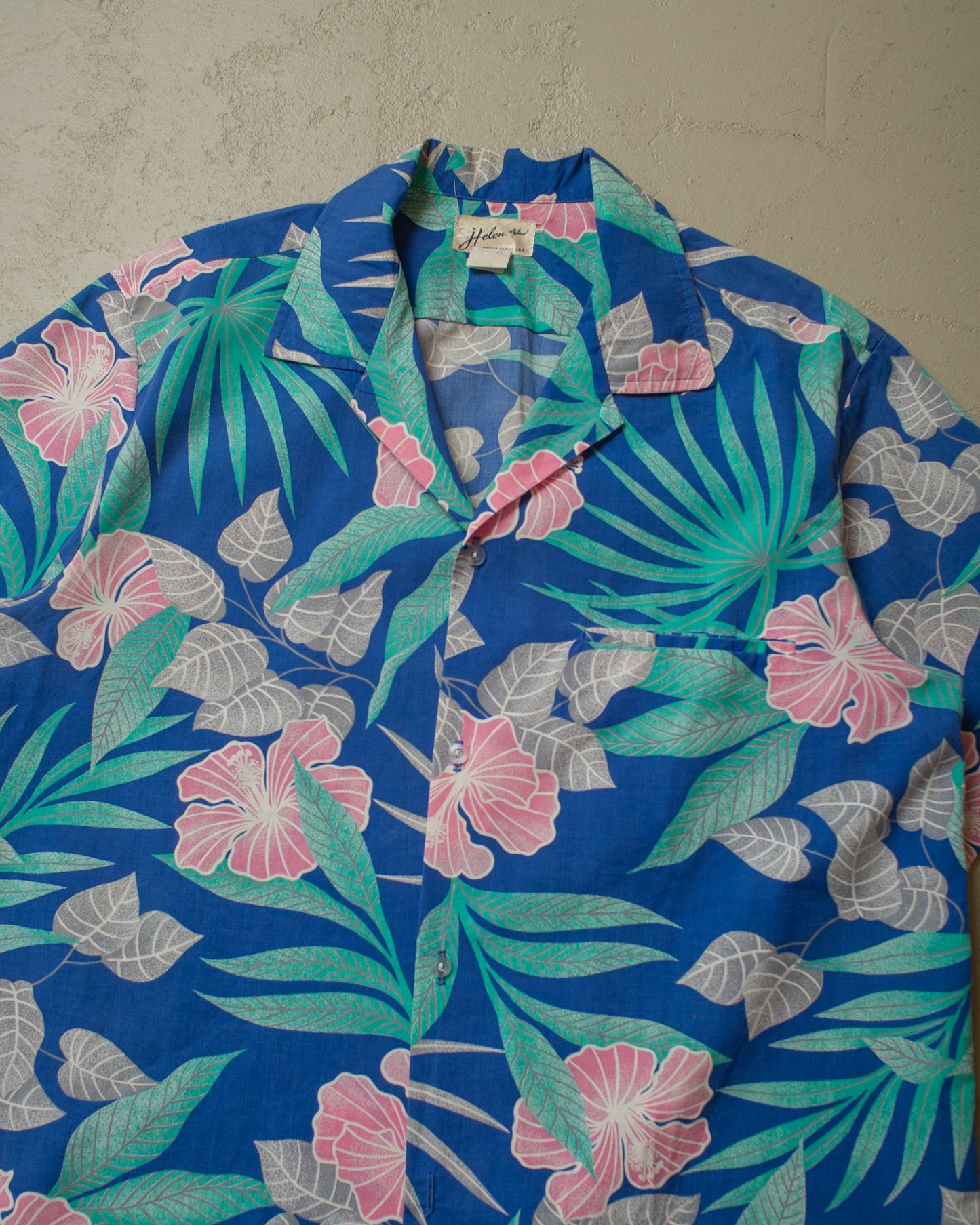 1950s/60s Helena´s Leaf Pattern Hawaii Shirt blue - XL